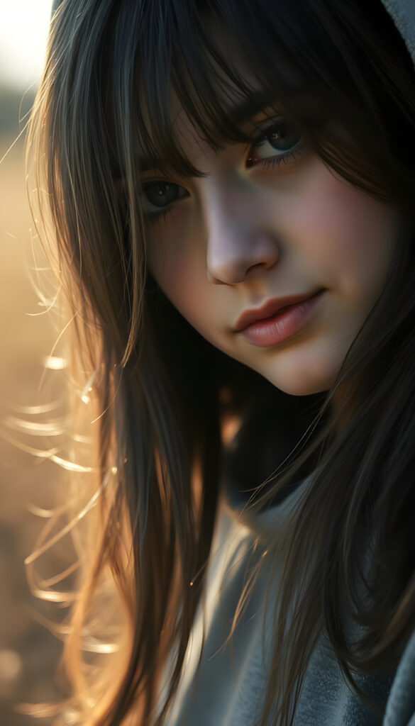 a super detailed and realistic photo of a young beautiful cute Persian teen girl, sunlight falls on her face, she has long (((dark straight wavy soft hair))) and dark eyes, ((angelic round face)), ((realistic, detailed portrait)), perfect shadow, she wears a grey hoodie, smile, all against a backdrop in the nature