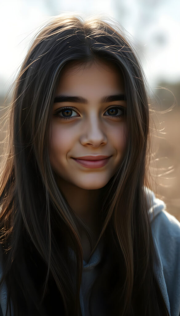 a super detailed and realistic photo of a young beautiful cute Persian teen girl, sunlight falls on her face, she has long (((dark straight wavy soft hair))) and dark eyes, ((angelic round face)), ((realistic, detailed portrait)), perfect shadow, she wears a grey hoodie, smile, all against a backdrop in the nature