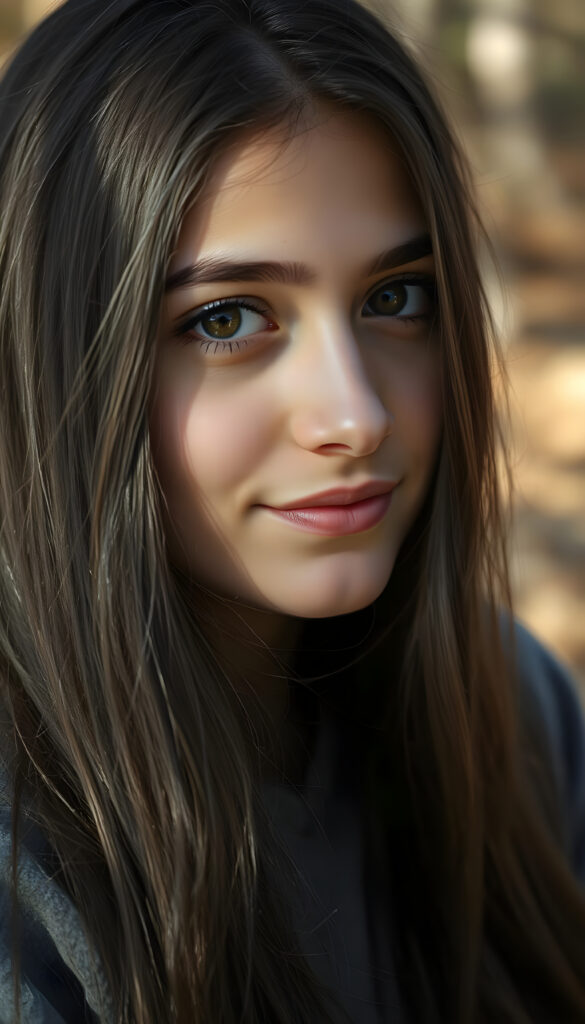 a super detailed and realistic photo of a young beautiful cute Persian teen girl, sunlight falls on her face, she has long (((dark straight wavy soft hair))) and dark eyes, ((angelic round face)), ((realistic, detailed portrait)), perfect shadow, she wears a grey hoodie, smile, all against a backdrop in the nature