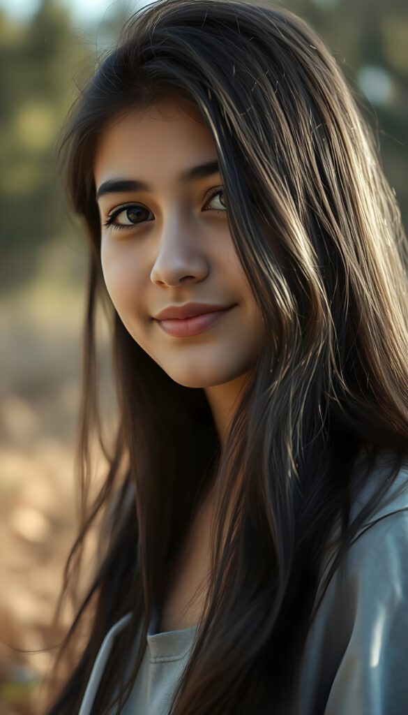 a super detailed and realistic photo of a young beautiful cute Persian teen girl, sunlight falls on her face, she has long (((dark straight wavy soft hair))) and dark eyes, ((angelic round face)), ((realistic, detailed portrait)), perfect shadow, she wears a grey hoodie, smile, all against a backdrop in the nature