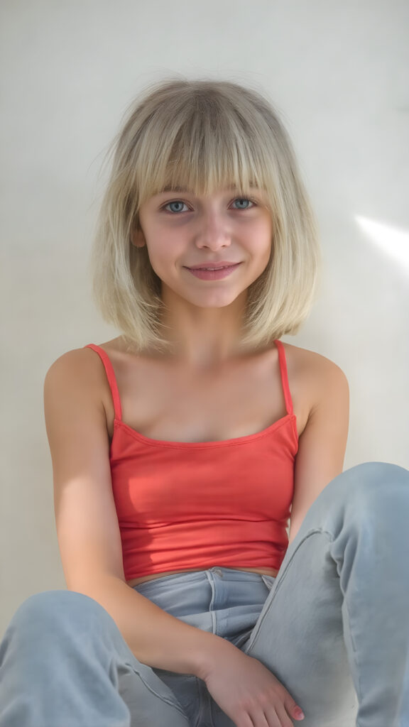 a (((super realistic and detailed photograph))), capturing a (((cute young teen girl))) with straight, thick, untucked white hair styled in a bob with a playful smile and poised for a snapshot. Her face is ((clearly visible)) with its features softly detailed. She's dressed in a ((short, tight, thin summer top)) in a ((classic red hue)), paired with (((flared, light blue jeans))). The girl is sitting confidently, with her feet crossed over one another and her knees gently lifted. She's ((focused on the camera, looking into the lens)), with her face turned slightly into a playful expression. A soft, natural light highlights her features and illuminates her ((skin)), while a more dramatic light casts a ((dynamic shadow)) across her face and shoulders.