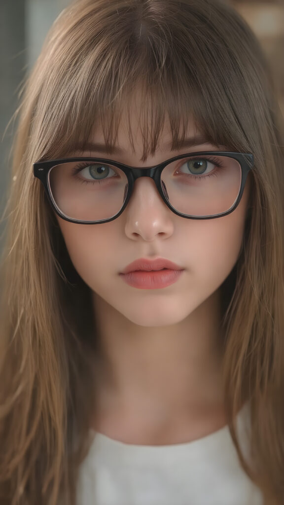 a (((super realistic full body image))) with intricate details and high quality that captures a (((beautiful young teen girl))), long straight hair, bangs, black glasses, red lips