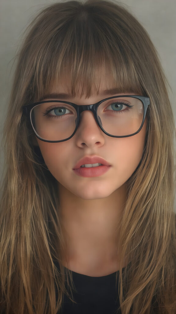 a (((super realistic full body image))) with intricate details and high quality that captures a (((beautiful young Exotic teen girl))), long straight dark blond hair, bangs, black glasses, red lips