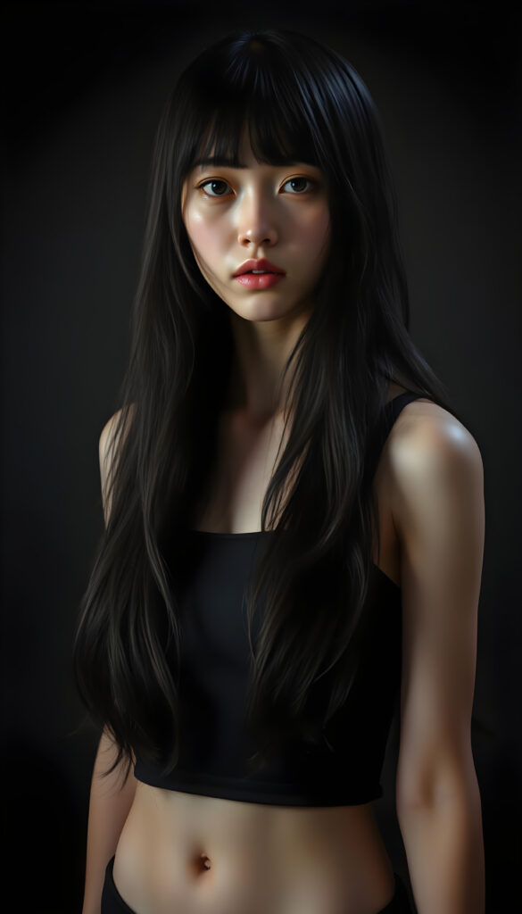 a (((super realistic and highly detailed full-body photo))), capturing a (((beautiful and innocent Asian Emo girl))) with (((very long, thick, wavy black hair))), and (a short, cropped tank top), she stands in a (dark, gloomy setting) with (volumetric lighting) that brings out her (natural features) and (beautiful eyes), set against a (plain, dark backdrop) that focuses on her face, with (black hair) (perfect, accurate anatomy) and (high quality, high detail) that make her a (super-realistic, 3D character)