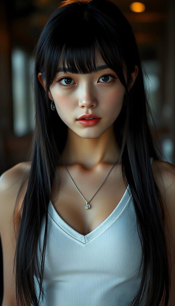 a (((super realistic full body photo))), captured from a (((young stunning and gorgeous well-busted Japanese teen girl)) with long straight obsidian hair in symmetrical cut, bangs cut, full lips, hyper-realistic eyes with perfectly matching pupils and white irises, a small flawless nose, and perfectly aligned and symmetrical front teeth, dressed in a (short tight white tank top with a deep v-neck)