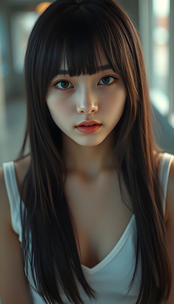 a (((super realistic full body photo))), captured from a (((young stunning and gorgeous well-busted Japanese teen girl)) with long straight obsidian hair in symmetrical cut, bangs cut, full lips, hyper-realistic eyes with perfectly matching pupils and white irises, a small flawless nose, and perfectly aligned and symmetrical front teeth, dressed in a (short tight white tank top with a deep v-neck)