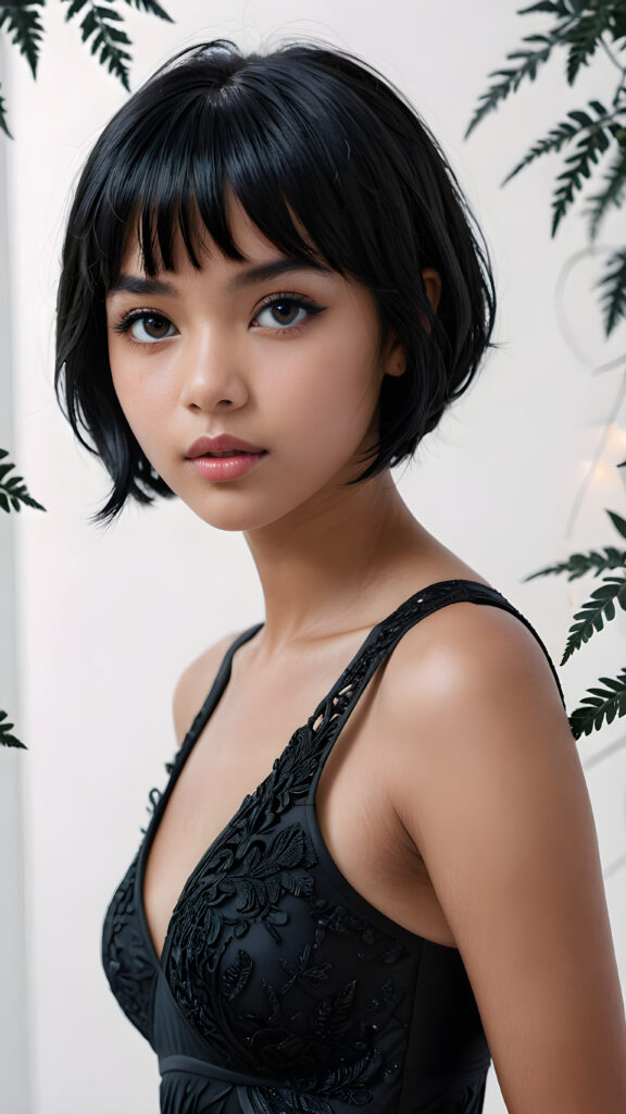 a (((super realistic, highly detailed, intricate photography))), capturing a (((beautiful young teen girl))) with an extremely defined and detailed face, including (((perfect, detailed obsidian black short hair, bangs))), intense eye shadow, and a (short, v-neck black tank top) with (sharply contrasting, luxurious black and white details), paired with (distinctively shaped, vividly hued glass heels) and a (modern, minimalist white backdrop) for a (full body photo) that exudes an (ominous, seductive aura), accented by (subtle yet intricate gothic details) like (dark, twisted foliage) and (ethereal, shimmering glowing particles) that imbue a sense of mystery and magic