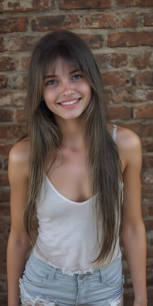 a (((super realistic full length photograph))), with intricate details ((captured in 8K resolution)), of a (((beautiful, dirty, yet well-groomed young cute teen girl))) with ((long, straight, brown hair)) that perfectly complements her face, wearing a ((white tank top)) with a ((deep v-neck)), paired with ((tattered shorts)) that accentuate her yet perfectly proportioned figure, her smile is warm and inviting, perfectly framed by her youthful features, (((full body))) (((a beautifully proportioned figure, with slim waist and perfectly proportioned limbs))), ((she stands in front of a brick wall))