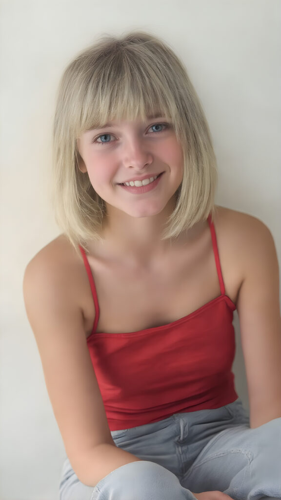 a (((super realistic and detailed photograph))), capturing a (((cute young teen girl))) with straight, thick, untucked white hair styled in a bob with a playful smile and poised for a snapshot. Her face is ((clearly visible)) with its features softly detailed. She's dressed in a ((short, tight, thin summer top)) in a ((classic red hue)), paired with (((flared, light blue jeans))). The girl is sitting confidently, with her feet crossed over one another and her knees gently lifted. She's ((focused on the camera, looking into the lens)), with her face turned slightly into a playful expression. A soft, natural light highlights her features and illuminates her ((skin)), while a more dramatic light casts a ((dynamic shadow)) across her face and shoulders.