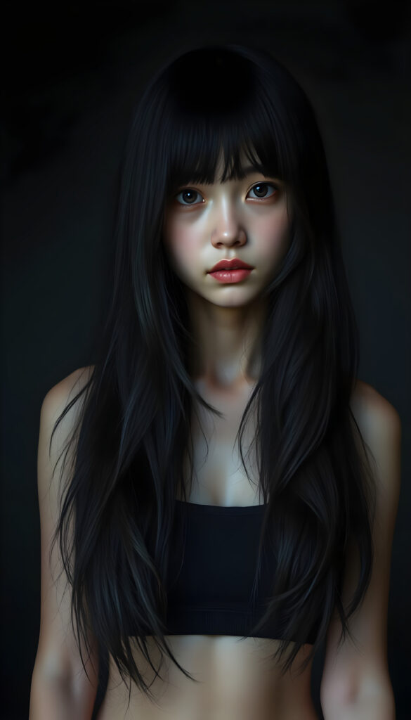 a (((super realistic and highly detailed full-body photo))), capturing a (((beautiful and innocent Asian Emo girl))) with (((very long, thick, wavy black hair))), and (a short, cropped tank top), she stands in a (dark, gloomy setting) with (volumetric lighting) that brings out her (natural features) and (beautiful eyes), set against a (plain, dark backdrop) that focuses on her face, with (black hair) (perfect, accurate anatomy) and (high quality, high detail) that make her a (super-realistic, 3D character)