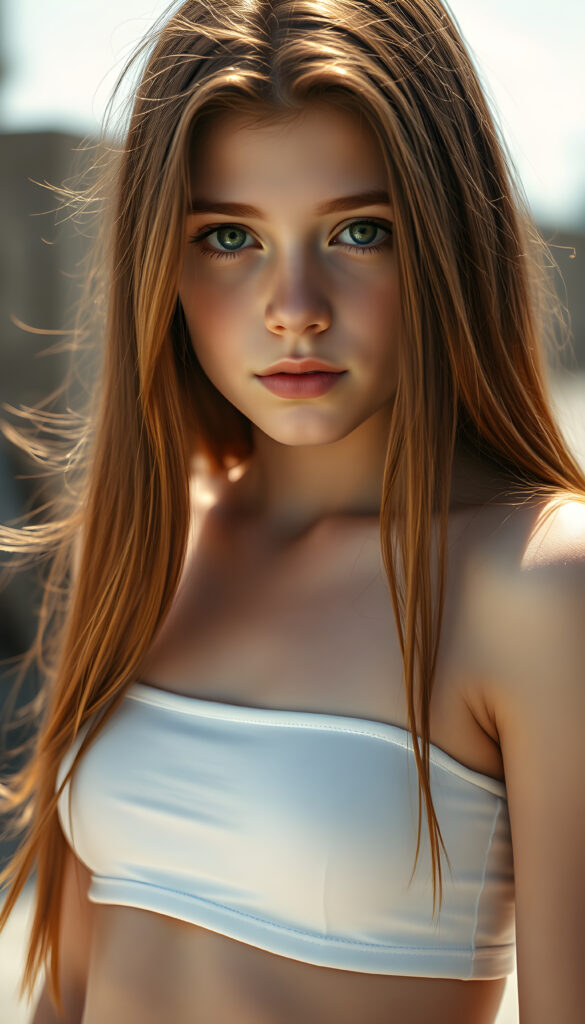 a (((super realistic full body photo))) featuring a (((beautifully stunning and gorgeous young teen girl))) with luxurious ((long, straight jet red hair)) and ((bright green eyes)), dressed in a (((super short, tight white crop top tank top))), show her belly button, against a sunny backdrop, accurate human anatomy