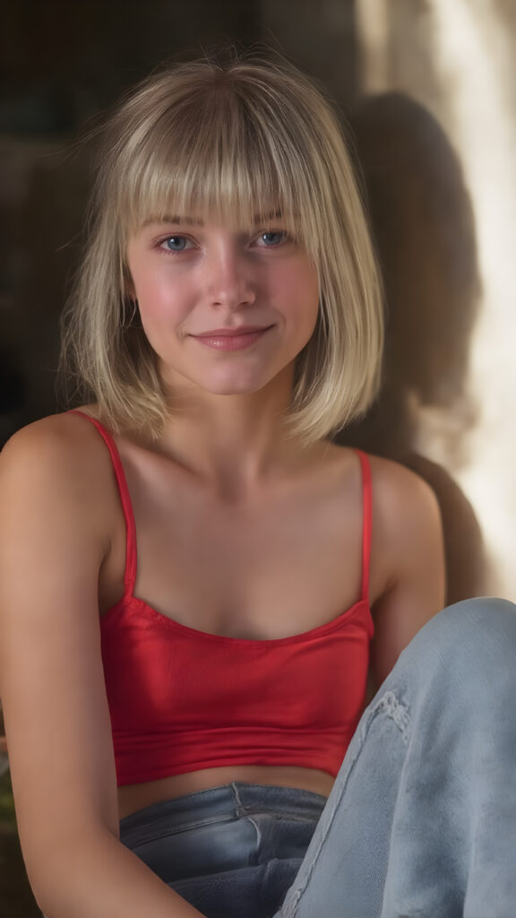 a (((super realistic and detailed photograph))), capturing a (((cute young teen girl))) with straight, thick, untucked white hair styled in a bob with a playful smile and poised for a snapshot. Her face is ((clearly visible)) with its features softly detailed. She's dressed in a ((short, tight, thin summer top)) in a ((classic red hue)), paired with (((flared, light blue jeans))). The girl is sitting confidently, with her feet crossed over one another and her knees gently lifted. She's ((focused on the camera, looking into the lens)), with her face turned slightly into a playful expression. A soft, natural light highlights her features and illuminates her ((skin)), while a more dramatic light casts a ((dynamic shadow)) across her face and shoulders.