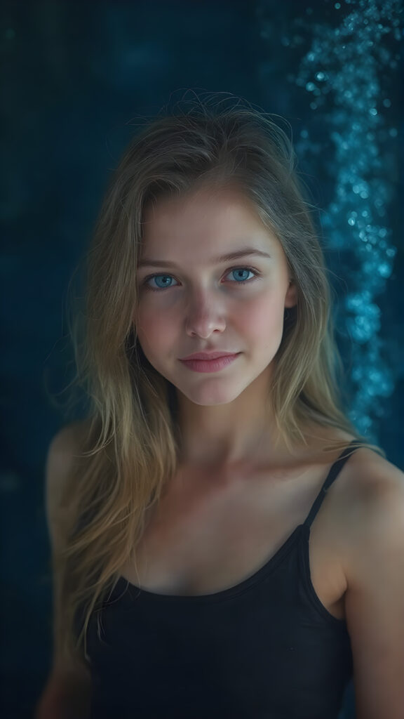 a (((super realistic full body portrait))), with intricate details and perfect proportions, capturing a ((cute teen girl)) with (long, flowing amber hair) and (detailed, brown eyes) that exude (warmth) and (soft, white skin) that blends seamlessly into a (deeply saturated, dark blue background) where the focus is on her upper body and she’s posed with a (warm smile) and perfect white teeth, wearing a (short, sheer, tight tank top) that accentuates her (perfectly proportioned figure) against a (blurry, underwater backdrop) that captures the essence of a (fantastical fantasy) atmosphere
