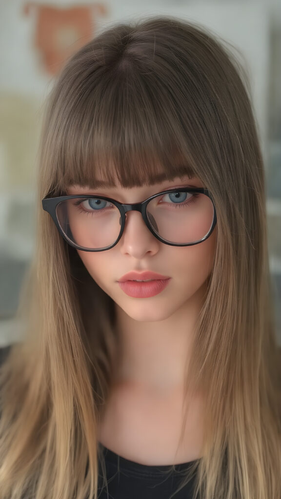 a (((super realistic full body image))) with intricate details and high quality that captures a (((beautiful young teen girl))), long straight hair, bangs, black glasses, red lips