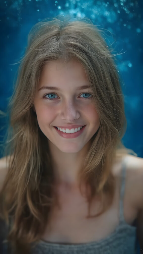 a (((super realistic full body portrait))), with intricate details and perfect proportions, capturing a ((cute teen girl)) with (long, flowing amber hair) and (detailed, brown eyes) that exude (warmth) and (soft, white skin) that blends seamlessly into a (deeply saturated, dark blue background) where the focus is on her upper body and she’s posed with a (warm smile) and perfect white teeth, wearing a (short, sheer, tight tank top) that accentuates her (perfectly proportioned figure) against a (blurry, underwater backdrop) that captures the essence of a (fantastical fantasy) atmosphere