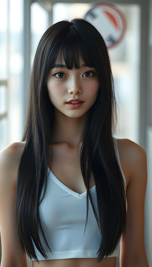 a (((super realistic full body photo))), captured from a (((young stunning and gorgeous well-busted Japanese teen girl)) with long straight obsidian hair in symmetrical cut, bangs cut, full lips, hyper-realistic eyes with perfectly matching pupils and white irises, a small flawless nose, and perfectly aligned and symmetrical front teeth, dressed in a (short tight white tank top with a deep v-neck)