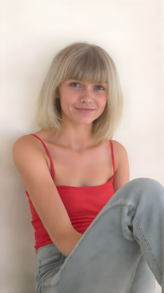 a (((super realistic and detailed photograph))), capturing a (((cute young teen girl))) with straight, thick, untucked white hair styled in a bob with a playful smile and poised for a snapshot. Her face is ((clearly visible)) with its features softly detailed. She's dressed in a ((short, tight, thin summer top)) in a ((classic red hue)), paired with (((flared, light blue jeans))). The girl is sitting confidently, with her feet crossed over one another and her knees gently lifted. She's ((focused on the camera, looking into the lens)), with her face turned slightly into a playful expression. A soft, natural light highlights her features and illuminates her ((skin)), while a more dramatic light casts a ((dynamic shadow)) across her face and shoulders.