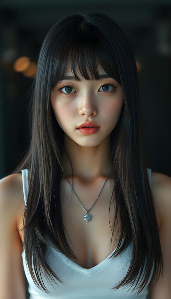 a (((super realistic full body photo))), captured from a (((young stunning and gorgeous well-busted Japanese teen girl)) with long straight obsidian hair in symmetrical cut, bangs cut, full lips, hyper-realistic eyes with perfectly matching pupils and white irises, a small flawless nose, and perfectly aligned and symmetrical front teeth, dressed in a (short tight white tank top with a deep v-neck)