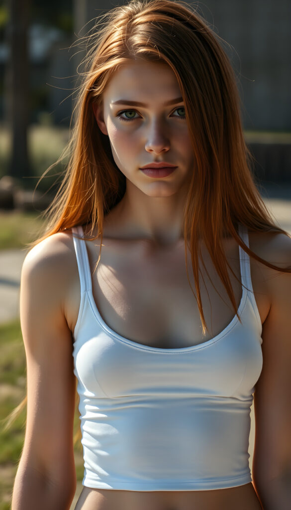 a (((super realistic full body photo))) featuring a (((beautifully stunning and gorgeous young teen girl))) with luxurious ((long, straight jet red hair)) and ((bright green eyes)), dressed in a (((super short, tight white crop top tank top))), show her belly button, against a sunny backdrop, accurate human anatomy