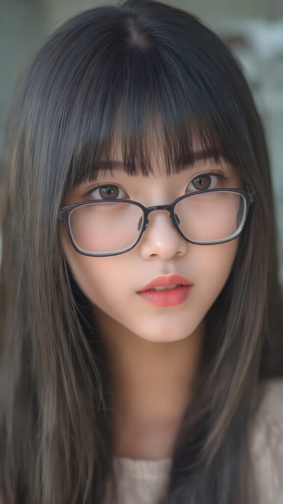 a (((super realistic full body image))) with intricate details and high quality that captures a (((beautiful young Japanese teen girl))), long straight black hair, bangs, black glasses, red lips