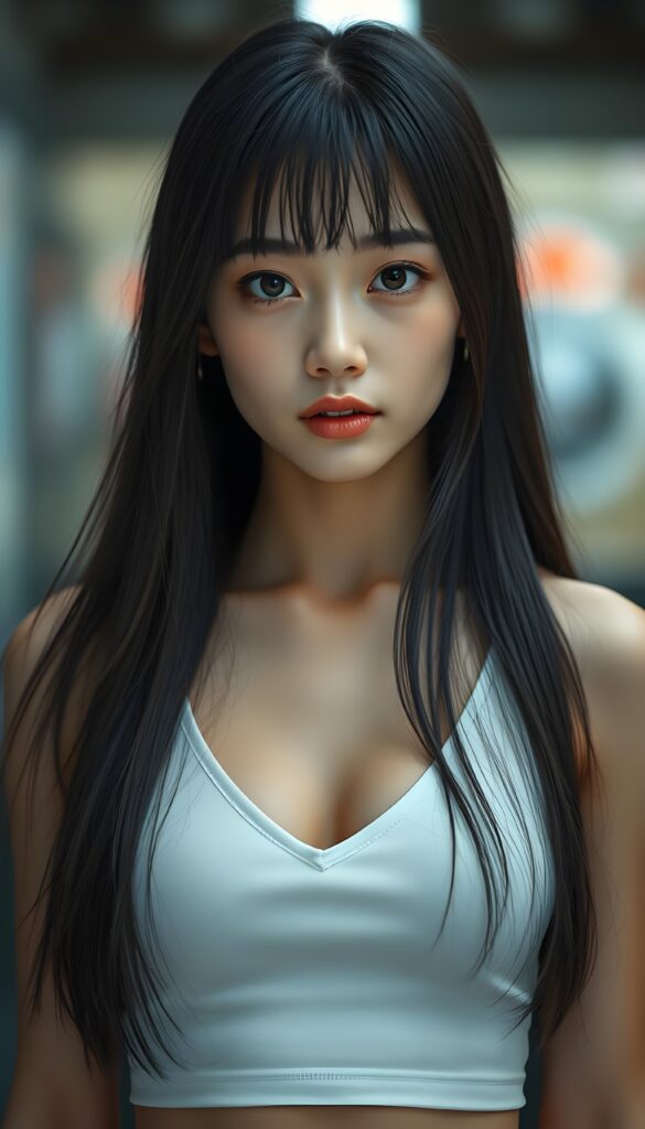 a (((super realistic full body photo))), captured from a (((young stunning and gorgeous well-busted Japanese teen girl)) with long straight obsidian hair in symmetrical cut, bangs cut, full lips, hyper-realistic eyes with perfectly matching pupils and white irises, a small flawless nose, and perfectly aligned and symmetrical front teeth, dressed in a (short tight white tank top with a deep v-neck)