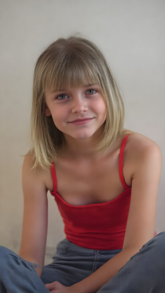 a (((super realistic and detailed photograph))), capturing a (((cute young teen girl))) with straight, thick, untucked white hair styled in a bob with a playful smile and poised for a snapshot. Her face is ((clearly visible)) with its features softly detailed. She's dressed in a ((short, tight, thin summer top)) in a ((classic red hue)), paired with (((flared, light blue jeans))). The girl is sitting confidently, with her feet crossed over one another and her knees gently lifted. She's ((focused on the camera, looking into the lens)), with her face turned slightly into a playful expression. A soft, natural light highlights her features and illuminates her ((skin)), while a more dramatic light casts a ((dynamic shadow)) across her face and shoulders.
