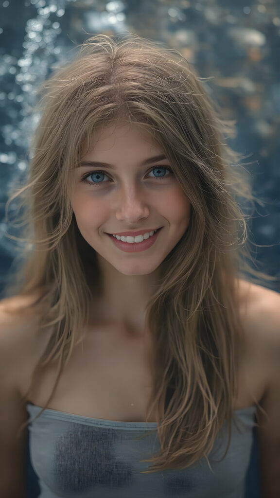 a (((super realistic full body portrait))), with intricate details and perfect proportions, capturing a ((cute teen girl)) with (long, flowing amber hair) and (detailed, brown eyes) that exude (warmth) and (soft, white skin) that blends seamlessly into a (deeply saturated, dark blue background) where the focus is on her upper body and she’s posed with a (warm smile) and perfect white teeth, wearing a (short, sheer, tight tank top) that accentuates her (perfectly proportioned figure) against a (blurry, underwater backdrop) that captures the essence of a (fantastical fantasy) atmosphere