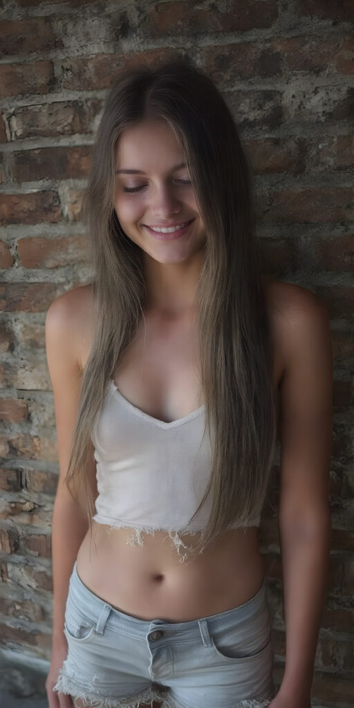 a (((super realistic full length photograph))), with intricate details ((captured in 8K resolution)), of a (((beautiful, dirty, yet well-groomed young cute teen girl))) with ((long, straight, brown hair)) that perfectly complements her face, wearing a ((white tank top)) with a ((deep v-neck)), paired with ((tattered shorts)) that accentuate her yet perfectly proportioned figure, her smile is warm and inviting, perfectly framed by her youthful features, (((full body))) (((a beautifully proportioned figure, with slim waist and perfectly proportioned limbs))), ((she stands in front of a brick wall))
