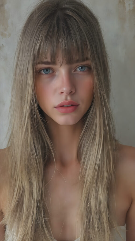 a (((super realistic full body image))) with intricate details and high quality that captures a (((beautiful young attractive Exotic teen girl))), long straight dark blond hair, bangs, red lips