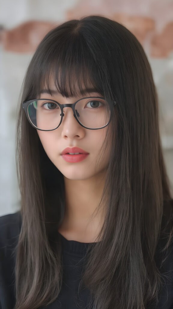 a (((super realistic full body image))) with intricate details and high quality that captures a (((beautiful young Japanese teen girl))), long straight black hair, bangs, black glasses, red lips