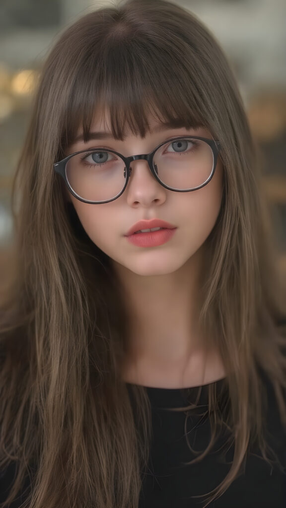 a (((super realistic full body image))) with intricate details and high quality that captures a (((beautiful young teen girl))), long straight hair, bangs, black glasses, red lips