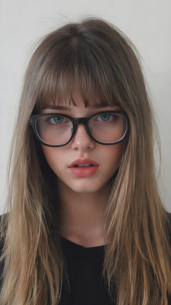 a (((super realistic full body image))) with intricate details and high quality that captures a (((beautiful young Exotic teen girl))), long straight dark blond hair, bangs, black glasses, red lips