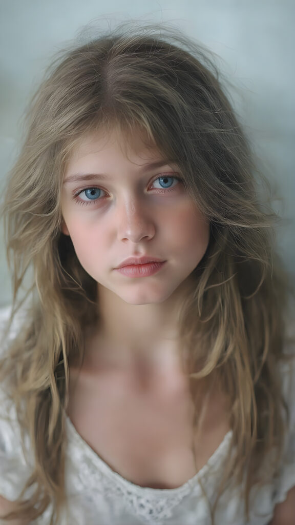 a (((super realistic full body portrait))) with a ((beautiful young girl)) who has (((long, flowing brown hair with intricate details))) that looks sweetly into the camera. Her (((pale white skin almost blends into a soft, light blue complexion))) contrasts beautifully against her natural, untamed beauty. She wears a ((white shirt)), (((low cut))), (((highly detailed and intricately detailed details))), that complements her youthful allure. The shirt has ((small, delicate details)), like a ((diamond pattern)), which adds a touch of sophistication to her ensemble. The overall look is ((natural, outdoorsy)) and perfectly captures her ((untamed beauty))).