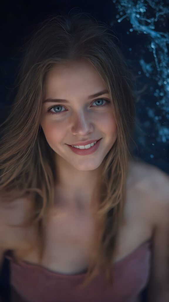 a (((super realistic full body portrait))), with intricate details and perfect proportions, capturing a ((cute teen girl)) with (long, flowing amber hair) and (detailed, brown eyes) that exude (warmth) and (soft, white skin) that blends seamlessly into a (deeply saturated, dark blue background) where the focus is on her upper body and she’s posed with a (warm smile) and perfect white teeth, wearing a (short, sheer, tight tank top) that accentuates her (perfectly proportioned figure) against a (blurry, underwater backdrop) that captures the essence of a (fantastical fantasy) atmosphere