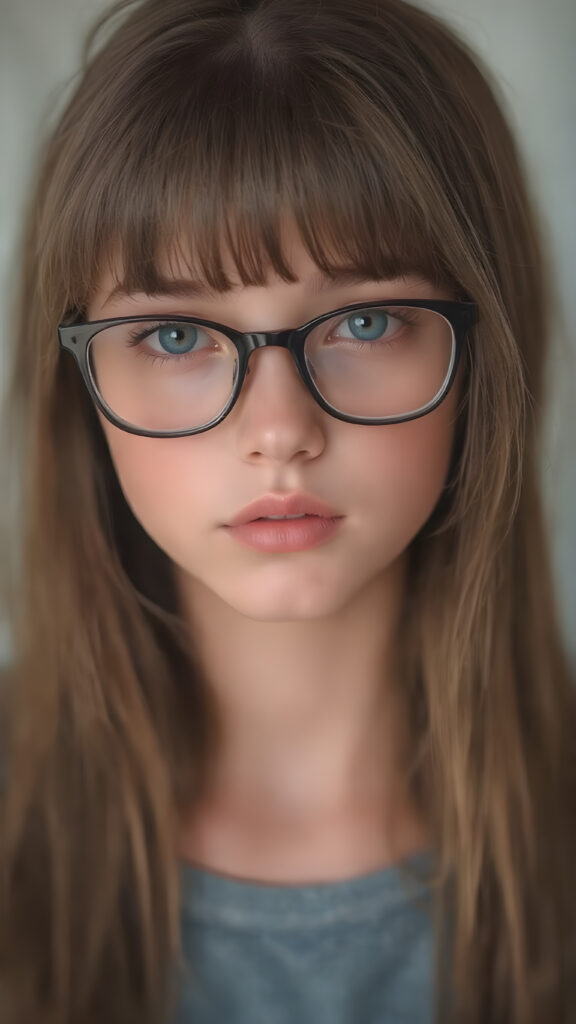 a (((super realistic full body image))) with intricate details and high quality that captures a (((beautiful young teen girl))), long straight hair, bangs, black glasses, red lips