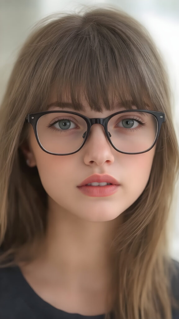 a (((super realistic full body image))) with intricate details and high quality that captures a (((beautiful young teen girl))), long straight hair, bangs, black glasses, red lips