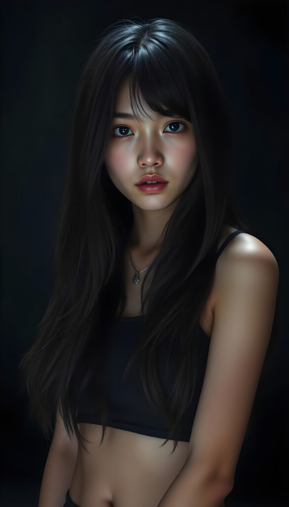 a (((super realistic and highly detailed full-body photo))), capturing a (((beautiful and innocent Asian Emo girl))) with (((very long, thick, wavy black hair))), and (a short, cropped tank top), she stands in a (dark, gloomy setting) with (volumetric lighting) that brings out her (natural features) and (beautiful eyes), set against a (plain, dark backdrop) that focuses on her face, with (black hair) (perfect, accurate anatomy) and (high quality, high detail) that make her a (super-realistic, 3D character)
