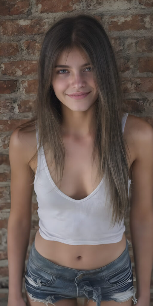 a (((super realistic full length photograph))), with intricate details ((captured in 8K resolution)), of a (((beautiful, dirty, yet well-groomed young cute teen girl))) with ((long, straight, brown hair)) that perfectly complements her face, wearing a ((white tank top)) with a ((deep v-neck)), paired with ((tattered shorts)) that accentuate her yet perfectly proportioned figure, her smile is warm and inviting, perfectly framed by her youthful features, (((full body))) (((a beautifully proportioned figure, with slim waist and perfectly proportioned limbs))), ((she stands in front of a brick wall))