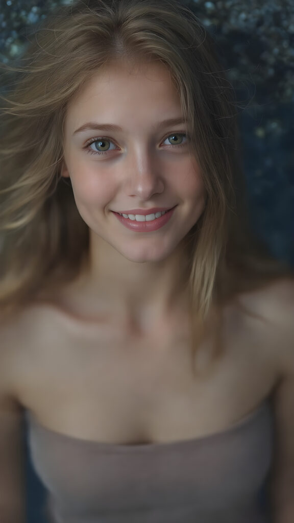 a (((super realistic full body portrait))), with intricate details and perfect proportions, capturing a ((cute teen girl)) with (long, flowing amber hair) and (detailed, brown eyes) that exude (warmth) and (soft, white skin) that blends seamlessly into a (deeply saturated, dark blue background) where the focus is on her upper body and she’s posed with a (warm smile) and perfect white teeth, wearing a (short, sheer, tight tank top) that accentuates her (perfectly proportioned figure) against a (blurry, underwater backdrop) that captures the essence of a (fantastical fantasy) atmosphere