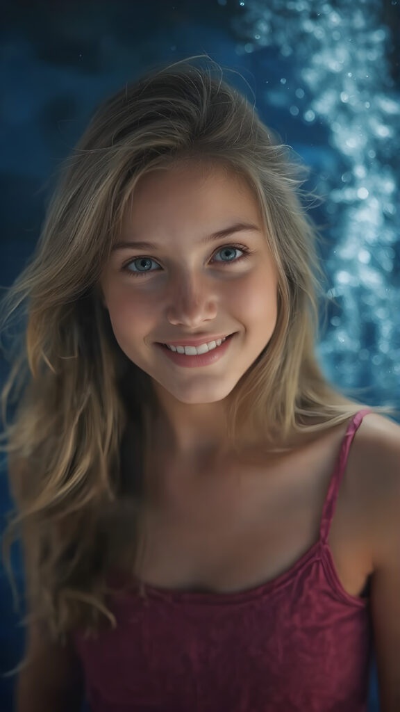 a (((super realistic full body portrait))), with intricate details and perfect proportions, capturing a ((cute teen girl)) with (long, flowing amber hair) and (detailed, brown eyes) that exude (warmth) and (soft, white skin) that blends seamlessly into a (deeply saturated, dark blue background) where the focus is on her upper body and she’s posed with a (warm smile) and perfect white teeth, wearing a (short, sheer, tight tank top) that accentuates her (perfectly proportioned figure) against a (blurry, underwater backdrop) that captures the essence of a (fantastical fantasy) atmosphere