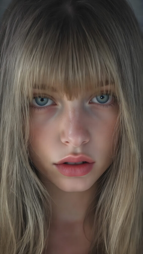 a (((super realistic full body image))) with intricate details and high quality that captures a (((beautiful young attractive Exotic teen girl))), long straight dark blond hair, bangs, red lips