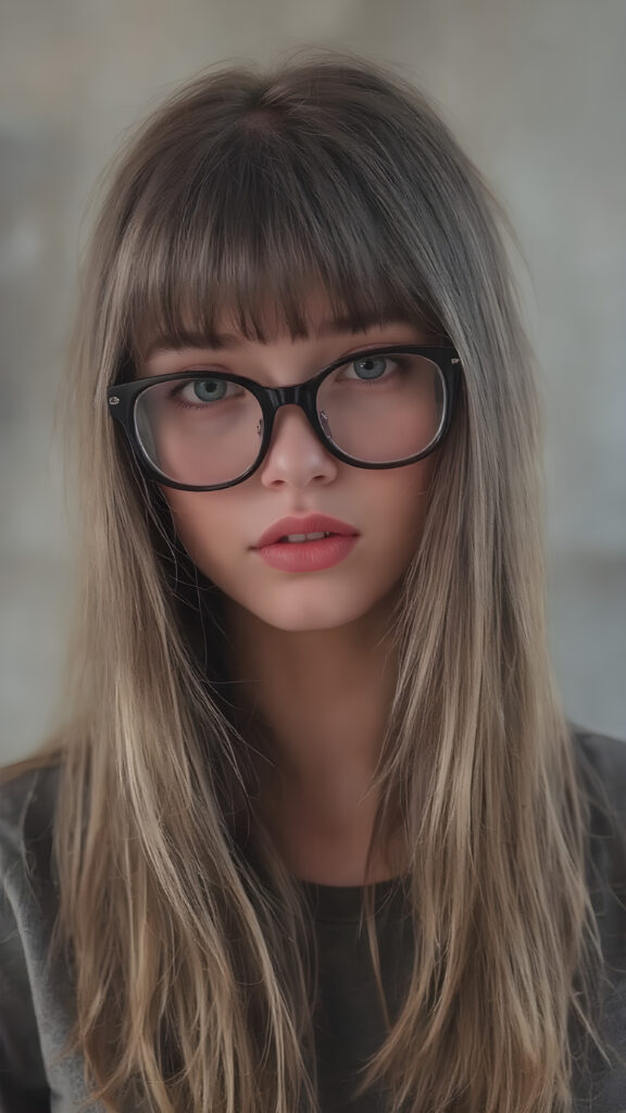 a (((super realistic full body image))) with intricate details and high quality that captures a (((beautiful young Exotic teen girl))), long straight dark blond hair, bangs, black glasses, red lips