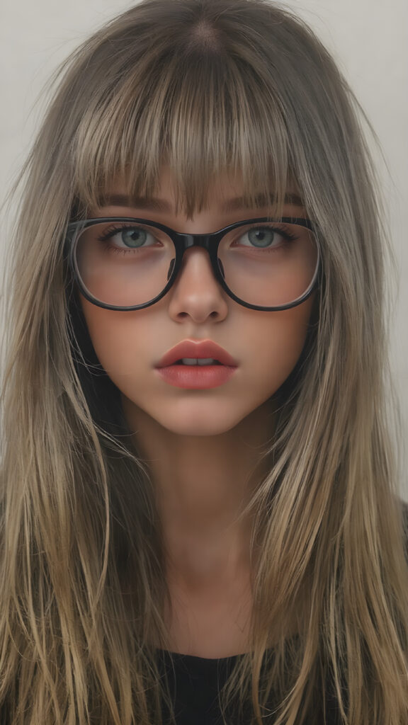 a (((super realistic full body image))) with intricate details and high quality that captures a (((beautiful young Exotic teen girl))), long straight dark blond hair, bangs, black glasses, red lips