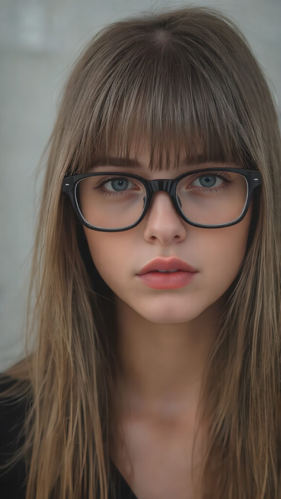 a (((super realistic full body image))) with intricate details and high quality that captures a (((beautiful young Exotic teen girl))), long straight dark blond hair, bangs, black glasses, red lips