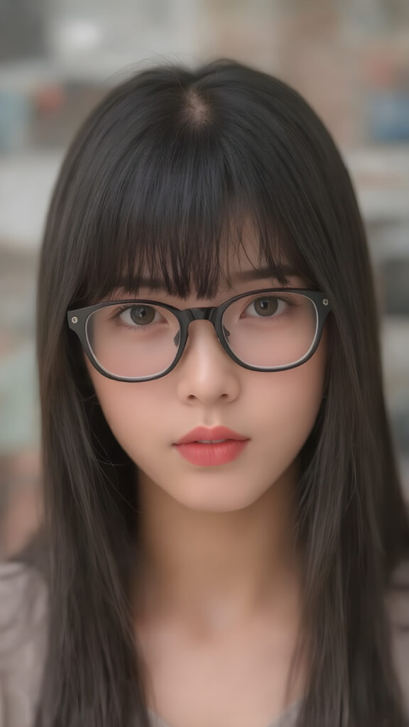 a (((super realistic full body image))) with intricate details and high quality that captures a (((beautiful young Japanese teen girl))), long straight black hair, bangs, black glasses, red lips