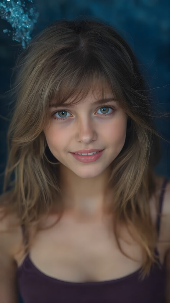 a (((super realistic full body portrait))), with intricate details and perfect proportions, capturing a ((cute teen girl)) with (long, flowing amber hair) and (detailed, brown eyes) that exude (warmth) and (soft, white skin) that blends seamlessly into a (deeply saturated, dark blue background) where the focus is on her upper body and she’s posed with a (warm smile) and perfect white teeth, wearing a (short, sheer, tight tank top) that accentuates her (perfectly proportioned figure) against a (blurry, underwater backdrop) that captures the essence of a (fantastical fantasy) atmosphere
