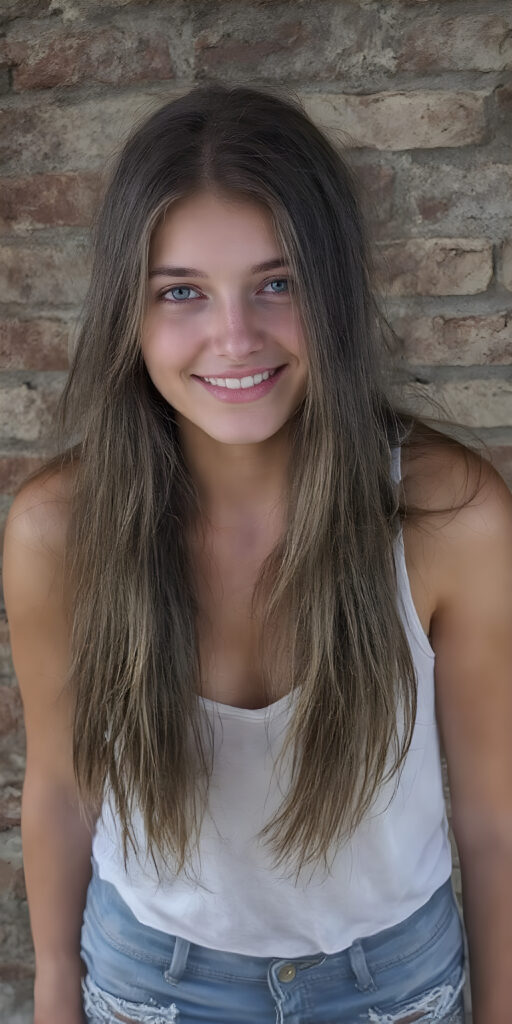 a (((super realistic full length photograph))), with intricate details ((captured in 8K resolution)), of a (((beautiful, dirty, yet well-groomed young cute teen girl))) with ((long, straight, brown hair)) that perfectly complements her face, wearing a ((white tank top)) with a ((deep v-neck)), paired with ((tattered shorts)) that accentuate her yet perfectly proportioned figure, her smile is warm and inviting, perfectly framed by her youthful features, (((full body))) (((a beautifully proportioned figure, with slim waist and perfectly proportioned limbs))), ((she stands in front of a brick wall))