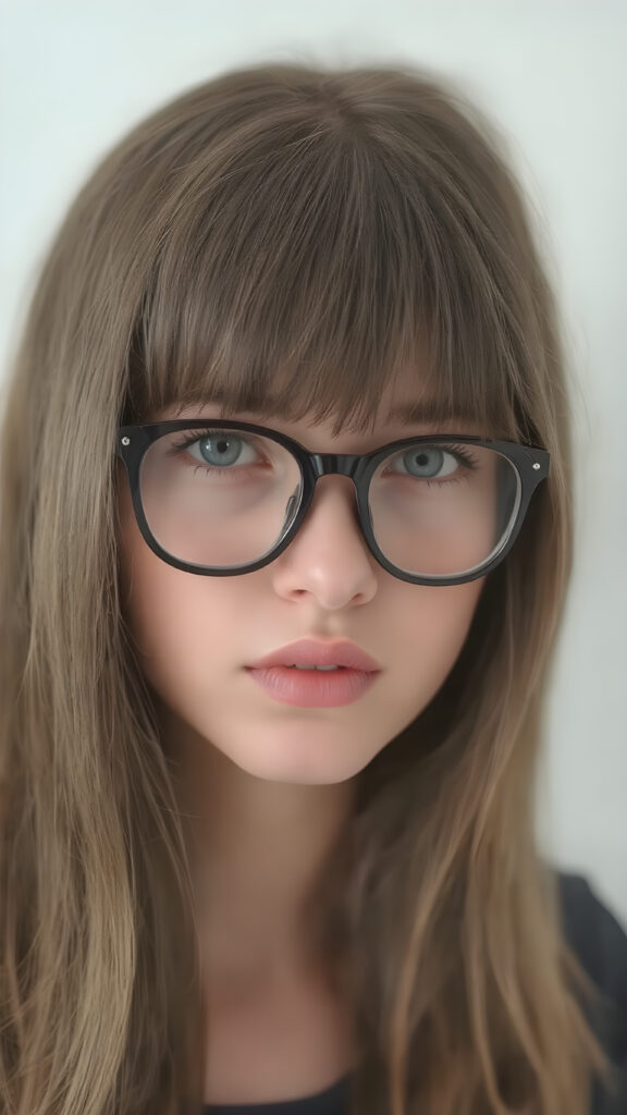 a (((super realistic full body image))) with intricate details and high quality that captures a (((beautiful young teen girl))), long straight hair, bangs, black glasses, red lips