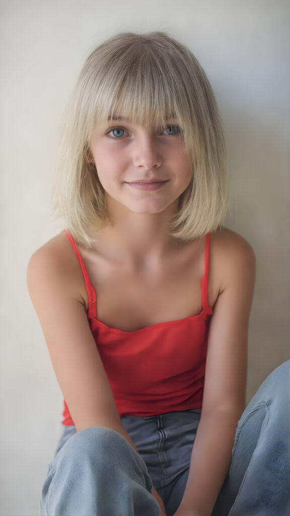 a (((super realistic and detailed photograph))), capturing a (((cute young teen girl))) with straight, thick, untucked white hair styled in a bob with a playful smile and poised for a snapshot. Her face is ((clearly visible)) with its features softly detailed. She's dressed in a ((short, tight, thin summer top)) in a ((classic red hue)), paired with (((flared, light blue jeans))). The girl is sitting confidently, with her feet crossed over one another and her knees gently lifted. She's ((focused on the camera, looking into the lens)), with her face turned slightly into a playful expression. A soft, natural light highlights her features and illuminates her ((skin)), while a more dramatic light casts a ((dynamic shadow)) across her face and shoulders.