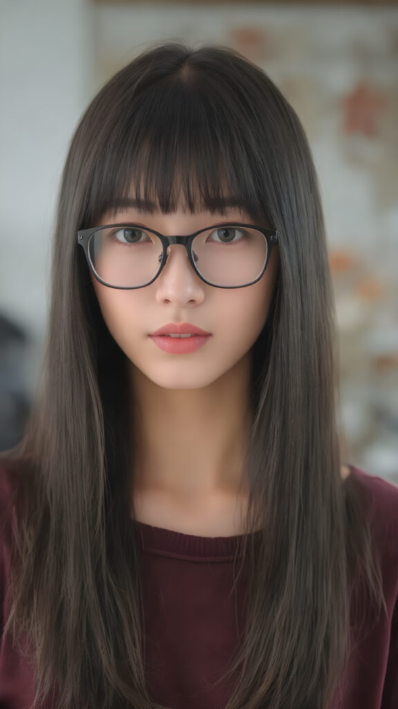 a (((super realistic full body image))) with intricate details and high quality that captures a (((beautiful young Japanese teen girl))), long straight black hair, bangs, black glasses, red lips